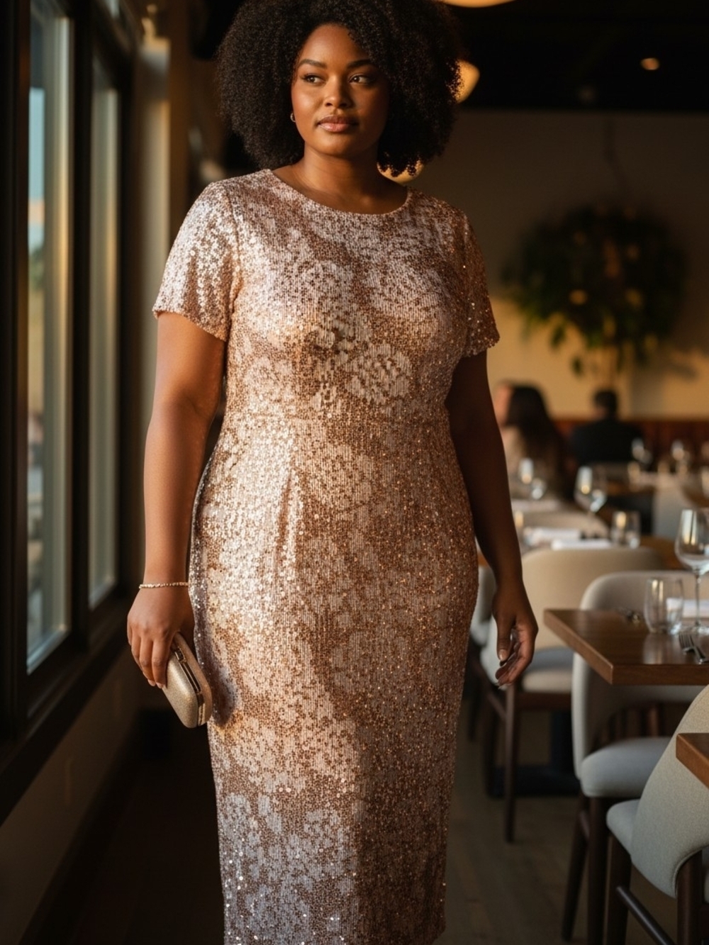 Elegant Short-Sleeve Sequin Midi Dress in Rose Gold
